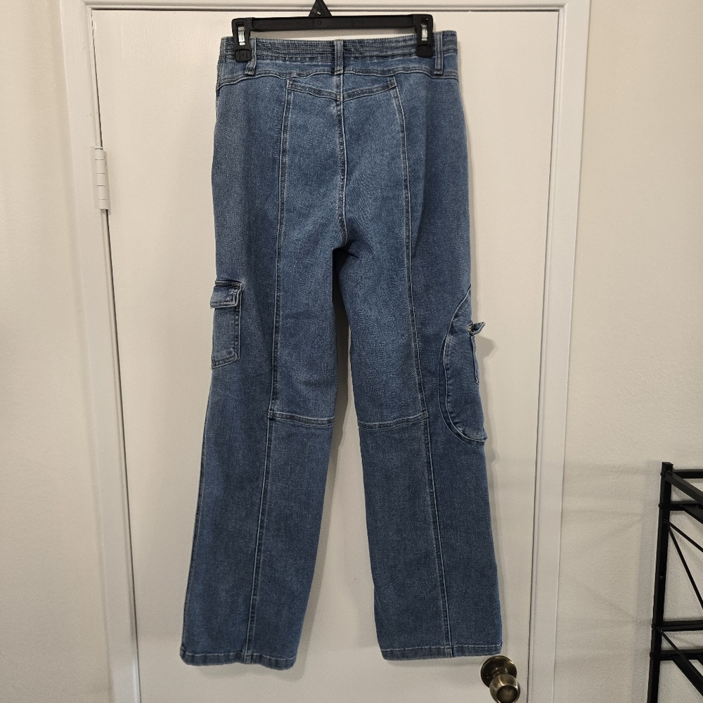 BBJ Los Angeles High Rise Wide Flare Leg Cargo Jeans Size 1/25 Y2K Streetwear - Picture 6 of 13